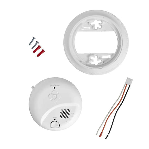 Hardwired AC Smoke Alarm With 10 Year Sealed Battery Backup And Smart Sensing Tech, includes mounting plate and wiring.