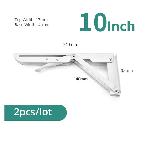 Two Pack Triangle Wall Brackets for Adjustable Mounts, 10-inch stainless steel foldable shelf support with dimensions
