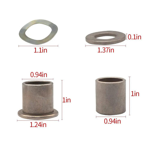Club Car DS Golf Cart Spindle Bronze Bushing Kit Upper And Lower Includes Thrust Bearings And Kingpin Washers Fits 1981 Up OEM 1010150 1016389 8067 7048, bronze bushings and washers with size labels
