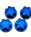 Front view of four blue anodized aluminum 17mm wheel lock nuts for Traxxas X-Maxx