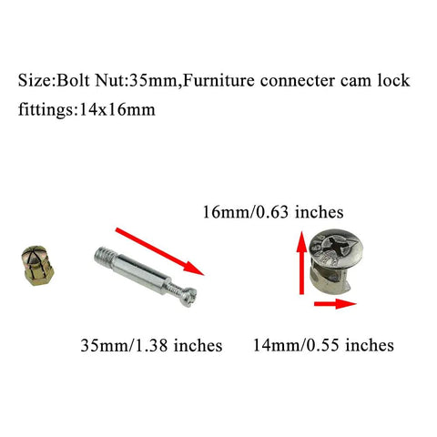 Heavy Duty Furniture Cam Lock Connectors With Flat Back Dowel Pins Knock Down Hardware Kit For Drawers Cabinets And Dressers Built Badass For Any Room Rock Solid Grip In 11 Sets, 35mm bolt and 14x16mm fittings.