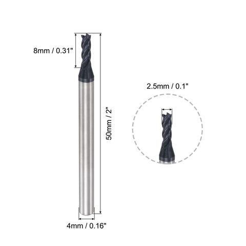2.5mm Square Nose End Mill Pack Of 2 Solid Carbide CNC Router Bits With AlTiN Coating 4 Flute Spiral Milling Cutter 4mm Shank 50mm Length HRC45 Hardness 35 Degree Helix Pro Grade Cutting For Wood Plastic Aluminum