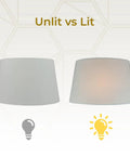 Comparison of Shallow Oval Hardback Lamp Shade Linen White unlit and lit, showing light diffusion and texture, 14 x 8.5 top, 16 x 10.5 bottom, 9 inch height.