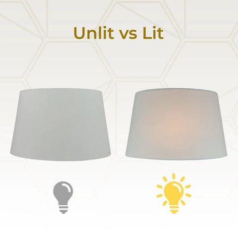 Comparison of Shallow Oval Hardback Lamp Shade Linen White unlit and lit, showing light diffusion and texture, 14 x 8.5 top, 16 x 10.5 bottom, 9 inch height.