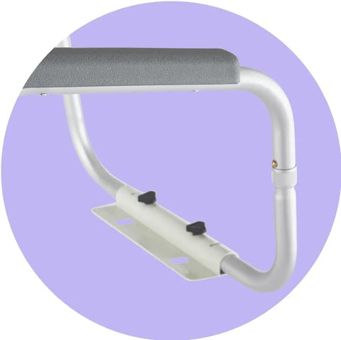 Detail of Super Sturdy Aluminum Toilet Handle Safety Rail With Folding Grab Bar Design, adjustable arm and mount.