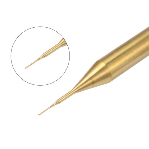 End mill, titanium-coated carbide for PCB engraving, 0.2 mm diameter, 1/8 inch shank (close-up view)