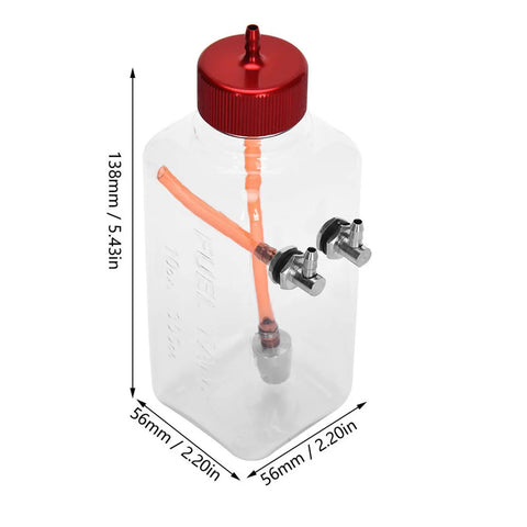 Transparent RC Gas Fuel Tank 300ml For 15 26cc Aircraft, Leakproof design with red cap and measurement dimensions visible