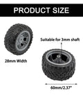 Four Pack Toy Car Wheels With Rubber Tires And Metal Shafts For RC Cars Trucks Boats Drones Robots Helicopters DIY Model Building Parts 60mm Diameter 28mm Wide Wheels And 3mm Shafts shown with 28mm width and 60mm diameter