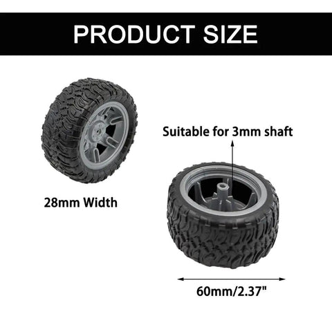 Four Pack Toy Car Wheels With Rubber Tires And Metal Shafts For RC Cars Trucks Boats Drones Robots Helicopters DIY Model Building Parts 60mm Diameter 28mm Wide Wheels And 3mm Shafts shown with 28mm width and 60mm diameter