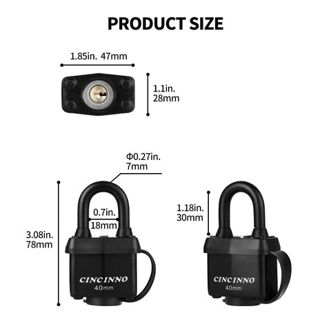 Weatherproof Padlocks For Outdoor Use 6 Pack Keyed Alike Heavy Duty Padlock Set With Waterproof Coating, size dimensions shown.