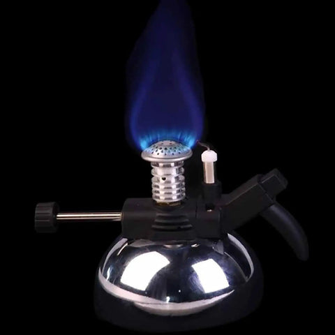 Ultra Portable Mini Butane Burner For Coffee Or Lab Use, showing the blue flame and aluminum frame, no hoses required.