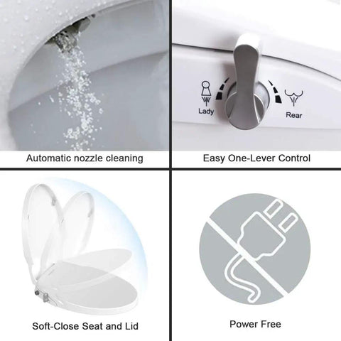 Self Cleaning Dual Nozzle Bidet Seat With Non Electric Operation Separate Front And Rear Cleaning Natural Water Spray Soft Close Lid Easy DIY Installation For A Fresh Hygienic Bathroom Upgrade featuring automatic cleaning and one-lever control.