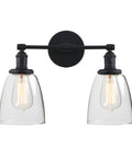 Retro Industrial 2-Light Wall Sconce Set With Dual 5.6 Inch Bell Shaped Clear Glass Lampshades, Black Finish For Bathroom Vanity, Mirror, Living Room Or Bedroom Lighting, E26 Base, Fully Dimmable, 60W Max