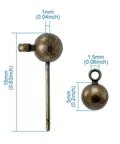 Antique Bronze Brass Round Ball Post Stud Earrings With Loop For Dangle Jewelry Making 100 Pcs Nickel Free 5mm Ball Size 16mm Long 1mm Pin 1mm Hole Solid And Versatile Craft Findings, 5mm ball post with 1mm pin