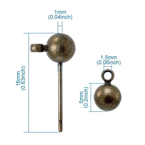 Antique Bronze Brass Round Ball Post Stud Earrings With Loop For Dangle Jewelry Making 100 Pcs Nickel Free 5mm Ball Size 16mm Long 1mm Pin 1mm Hole Solid And Versatile Craft Findings, 5mm ball post with 1mm pin