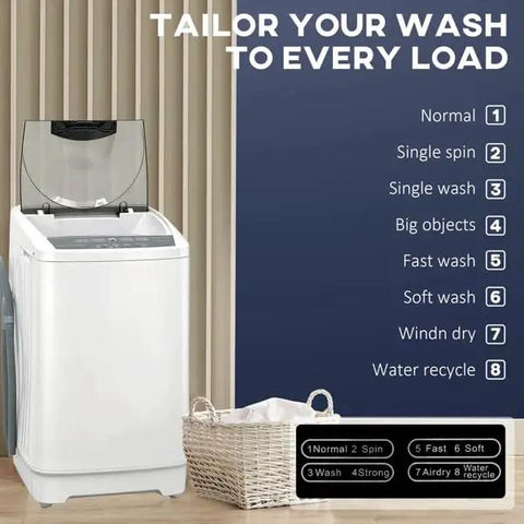 Fully Automatic Portable Washing Machine And Spin Dryer Combo With 14 Lbs Capacity featuring eight adjustable wash settings.