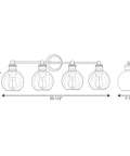 Diagram of Hansford 4 Light Bath Vanity Fixture in Polished Nickel with Glass Globe Shades for urban industrial vibe bathroom lighting.