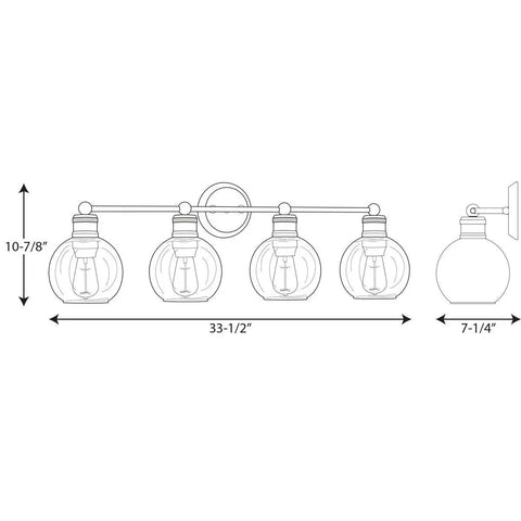 Diagram of Hansford 4 Light Bath Vanity Fixture in Polished Nickel with Glass Globe Shades for urban industrial vibe bathroom lighting.