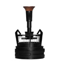 Rotary Espresso WDT Tool Set With Precision Dosing Funnel And Upright Stand, black and wood handle, designed for coffee preparation.