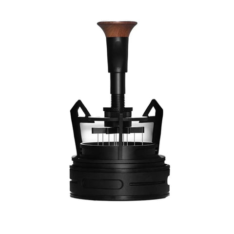 Rotary Espresso WDT Tool Set With Precision Dosing Funnel And Upright Stand, black and wood handle, designed for coffee preparation.