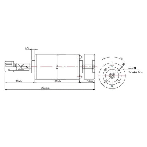Heavy Duty 500W Air Cooled CNC Spindle Motor With 52MM Shaft And 12000 RPM High Torque technical drawing with dimensions.