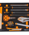 Heavy Duty Black 7 Drawer Rolling Tool Cabinet With Full 207 Piece SAE Mechanic Tool Set Built Damn Tough For Shop Life And Super Smooth Rolling Casters with assorted tools on a tray.