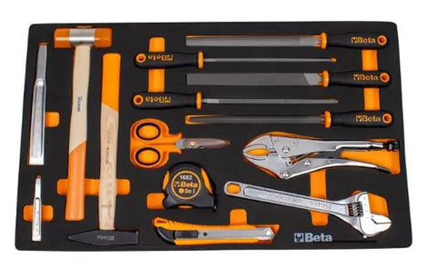 Heavy Duty Black 7 Drawer Rolling Tool Cabinet With Full 207 Piece SAE Mechanic Tool Set Built Damn Tough For Shop Life And Super Smooth Rolling Casters with assorted tools on a tray.