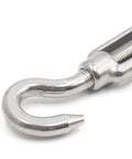 Close-up of M10 Stainless Steel Hook Eye Turnbuckle Solid As A Rock For Marine Rigging Adjustable Cable Tensioner heavy-duty hook.