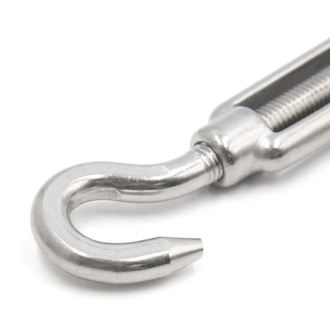 Close-up of M10 Stainless Steel Hook Eye Turnbuckle Solid As A Rock For Marine Rigging Adjustable Cable Tensioner heavy-duty hook.