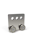 Front view of four wheel trolley assembly with four deep groove ball bearings for taller strut channel, steel roller design.