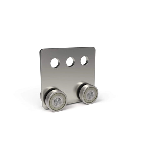 Front view of four wheel trolley assembly with four deep groove ball bearings for taller strut channel, steel roller design.