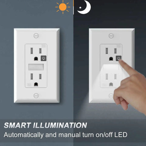 Receptacle Outlet With Night Light And Tamper Resistant Design, White Decorator Wall Outlet 15A 125V with LED illumination