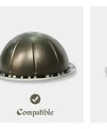 Image showing three coffee pods: one not compatible and two compactible with the Crystal Tempered Glass Top Organizer Drawer Holder For Nespresso Vertuo Capsules With Universal Slots That Fit 40 Large Or 52 Small Pods And A Rock Solid Metal Frame For Sturdy Easy Access On The Counter.