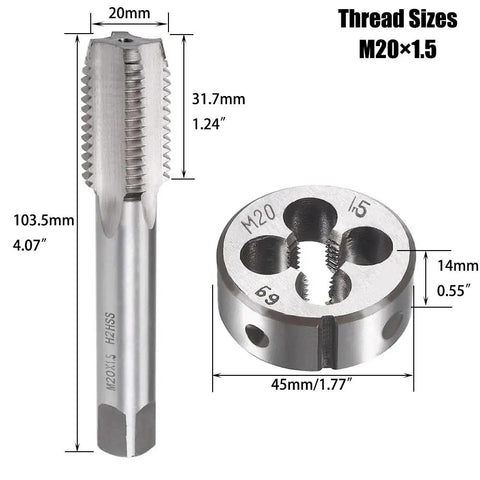 Pro Grade M20 X 1.5 Tap And Die Set For Fresh Or Repaired Threads High Speed Steel HSS shown with size dimensions