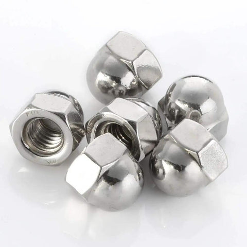 1/4-20 Acorn Cap Nuts 304 Stainless Steel 18-8 Bright Finish 50 Count, shown in close-up with reflective bright finish