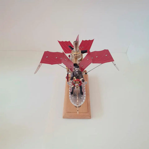 Top view of Airship Building Kit For Adults, Steampunk Dope 3D Metal Puzzle With Stirling Engine Power, assembled model on stand.