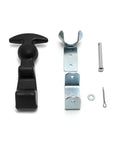 Front view of QWORK 4-pack hood latch kit with black rubber T-handle, silver metal brackets, pin, washer, and cotter pin