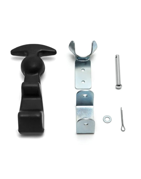 Front view of QWORK 4-pack hood latch kit with black rubber T-handle, silver metal brackets, pin, washer, and cotter pin