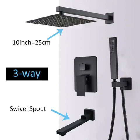UMJIGF Shower System Wall Mounted Concealed Shower Faucet Set Multifunction Matte Black with 10-inch rain shower head and swivel spout.