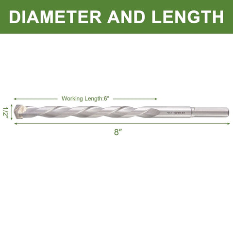 Masonry drill bit, 1/2-inch diameter by 8 inches, carbide-tipped with 3-flat shank for hammer drills