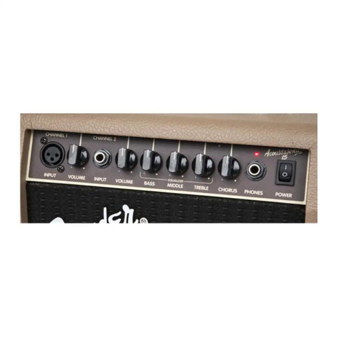 Control panel of Portable 15 Watt Acoustic Guitar Amplifier With 6 Inch Speaker, Two Channel Instrument And Mic, Brown Wheat Finish