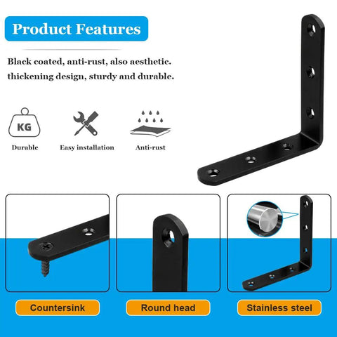 Tough As Nails Matte Black Stainless Steel L Brackets 3 By 3 Inch Heavy Duty Corner Braces with countersink screw feature.