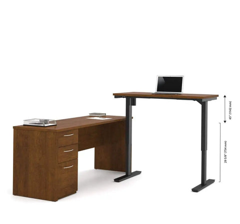 Kick Up Your Office Setup With This Hella Sturdy L Shaped Standing Desk Bundle In Dark Chocolate with height adjustable lift and drawers.
