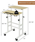 Hassle Free Rolling Height Adjustable Standing Desk With Easy Glide Casters And Extra Roomy Laptop Tray dimension and load capacity displayed.