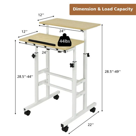 Hassle Free Rolling Height Adjustable Standing Desk With Easy Glide Casters And Extra Roomy Laptop Tray dimension and load capacity displayed.