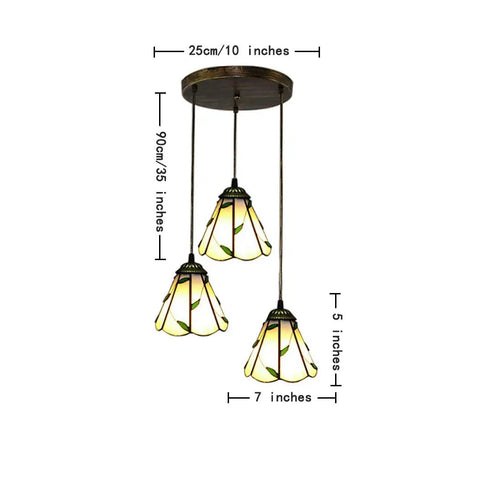 Pastoral Tiffany Style 3 Light Pendant Lamp With 10 Inch Green Leaves Stained Glass Shade E27 Ceiling Hanging Light for Dining Room