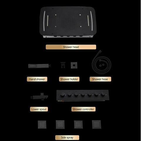 Game Changing 17 X 28 Inch Rainfall Waterfall Led Shower System With Handheld Sprayer And Seven Knob Valve parts including hoses and controls.