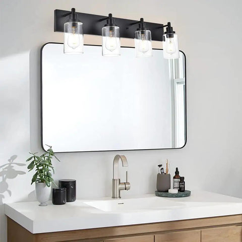 Black 4 Light Vanity Lighting Fixtures Over Mirror With Clear Glass Shades Modern Indoor Wall Mount Bath Bar