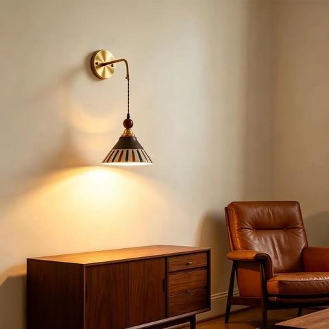 DWEIHDV Ceramic Wall Sconce Vintage Gold Wall Light Fixture in a cozy living room, featuring a hand-painted striped shade.