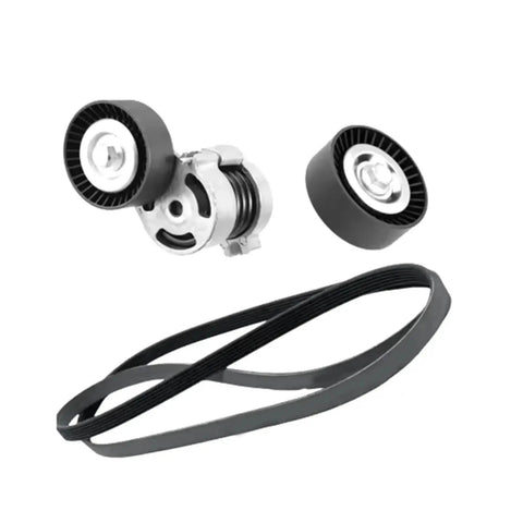 Ultimate A06G Belt Tensioner Assembly For BMW Main Engine Drive Kit With Idler Pulley 74mm Direct Bolt-On Fit No Mods Heavy Steel 11287524267 with pulleys and drive belt.